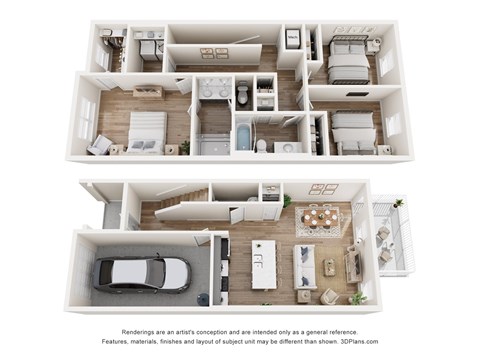 A 3D floor plan of a house with a kitchen, living room, and bedrooms.